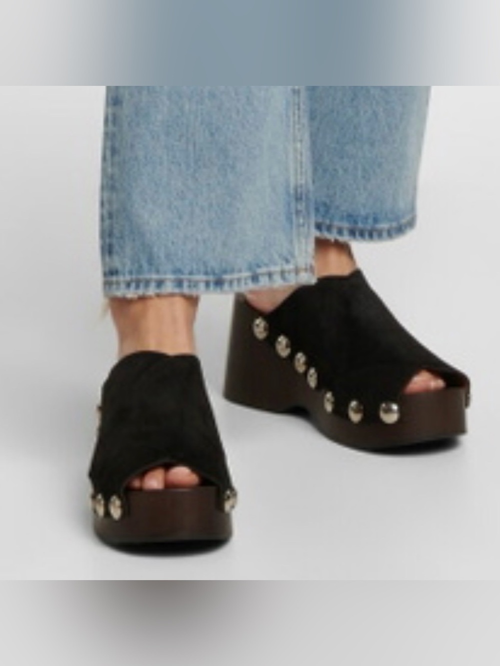 Ganni “Retro” Black Suede Studded Platform Clog Slides